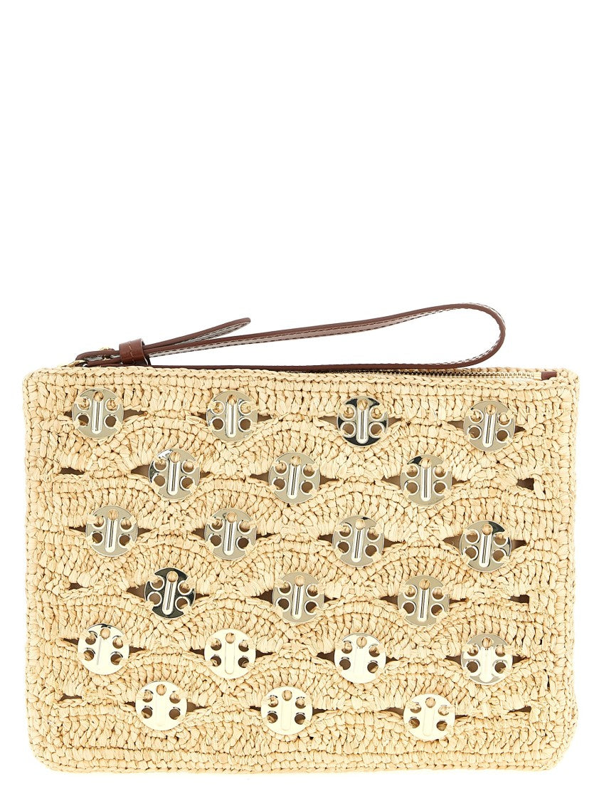 Paco Rabanne Rectangular Raffia Pouch With Adjustable Leather Handle