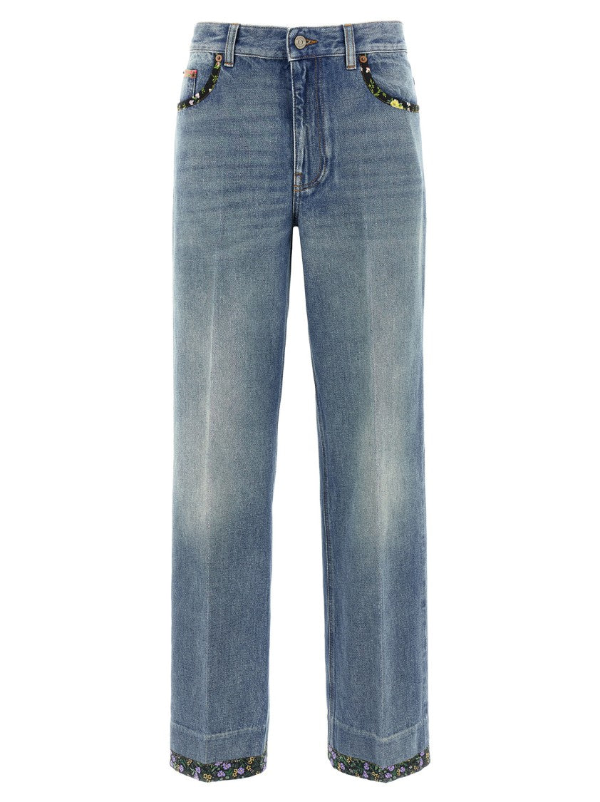 Valentino Garavani Medium Blue Floral Piped Jeans With Relaxed Fit