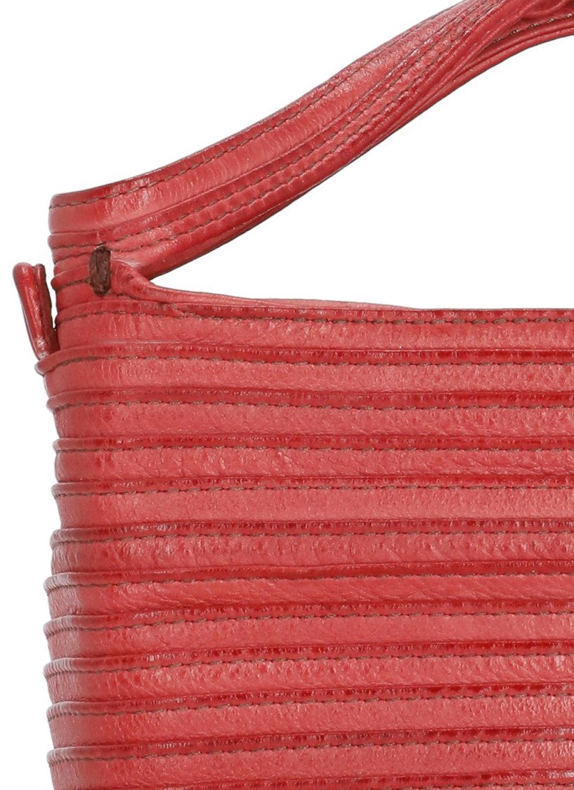 Majo Textured Red Leather Shoulder Bag With Drawstring Fastening