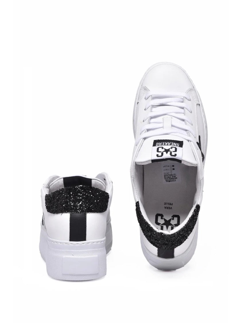 2Star White Black Glitter Leather Sneakers