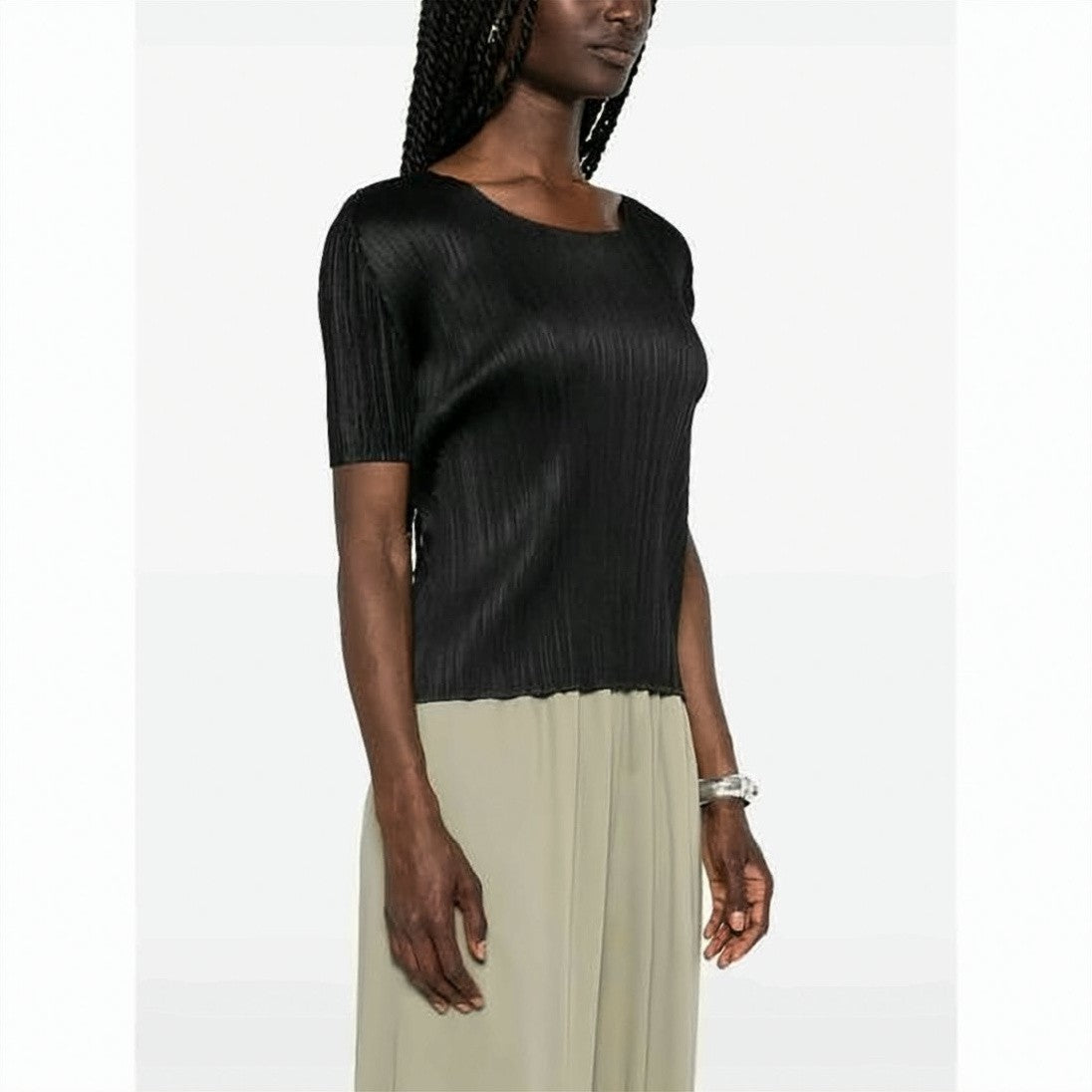 Pleats Please Fitted Short-Sleeve Top With Vertical Pleats