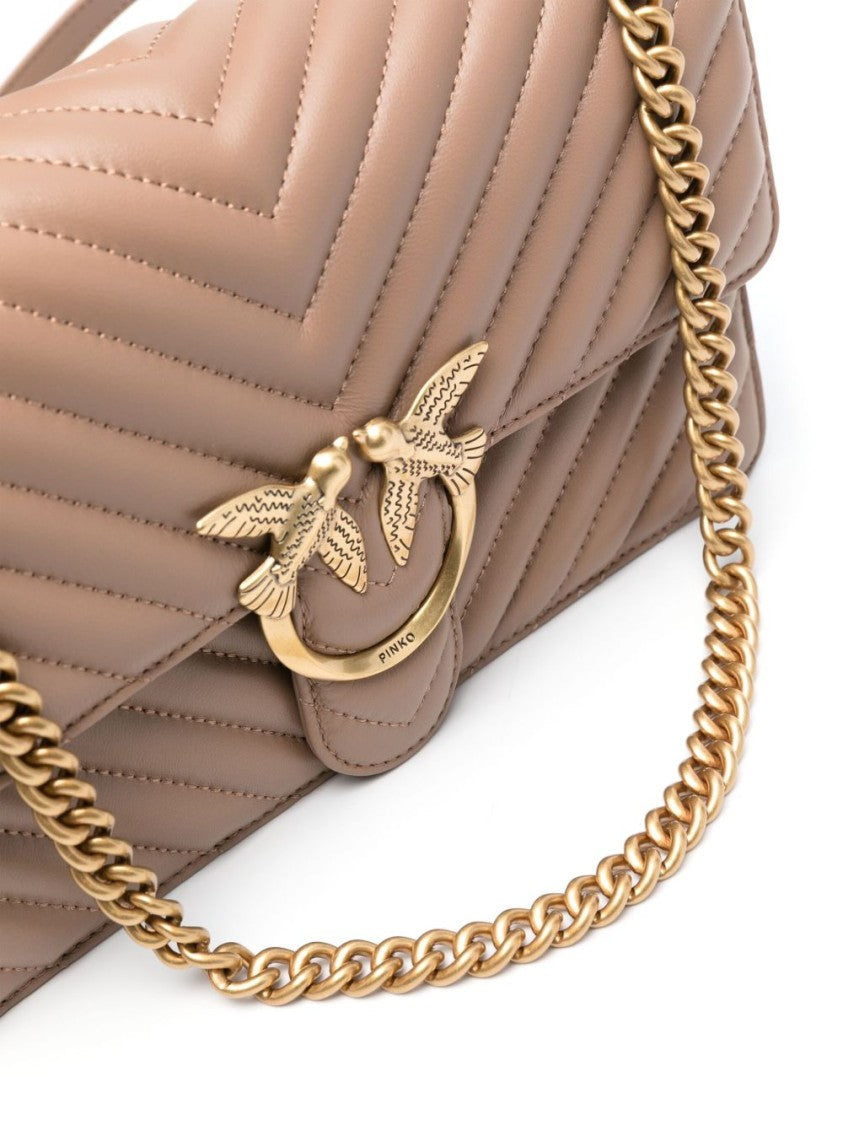 Pinko Chevron Quilted Beige Calf Leather Shoulder Bag