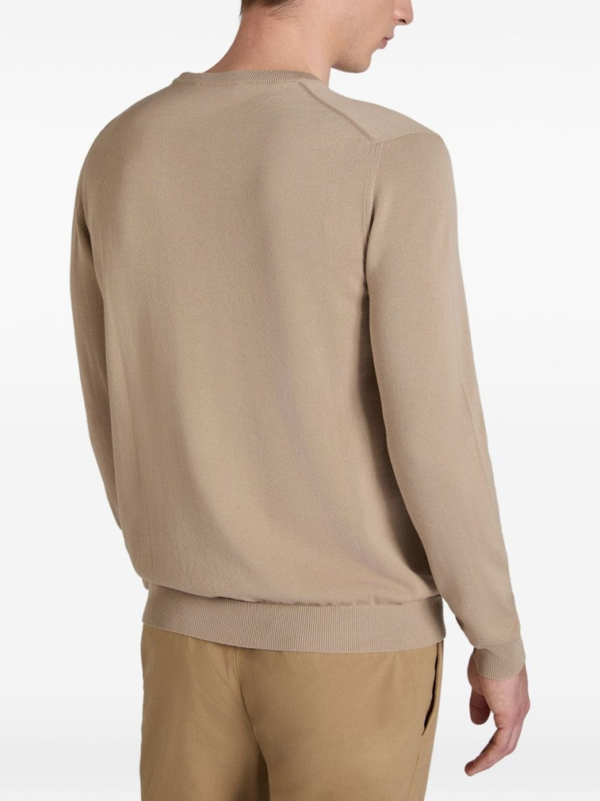 Zanone Ribbed Knit Beige Sweater With Crew Neck And Long Sleeves