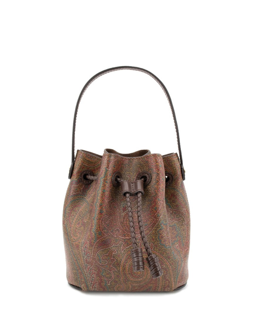 Etro Brown Paisley Jacquard Bucket Bag With Leather Trim
