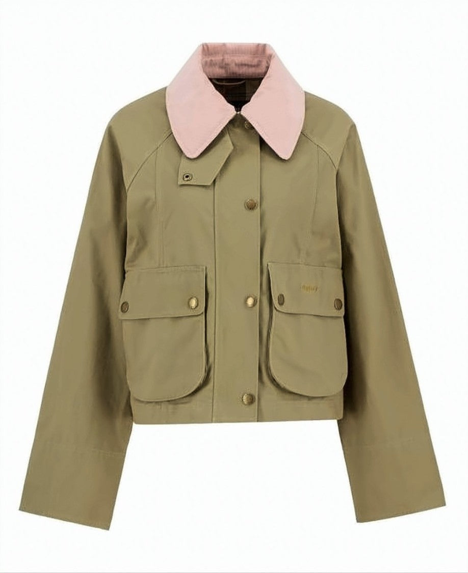 Barbour Cropped Olive Green Jacket With Pink Corduroy Collar