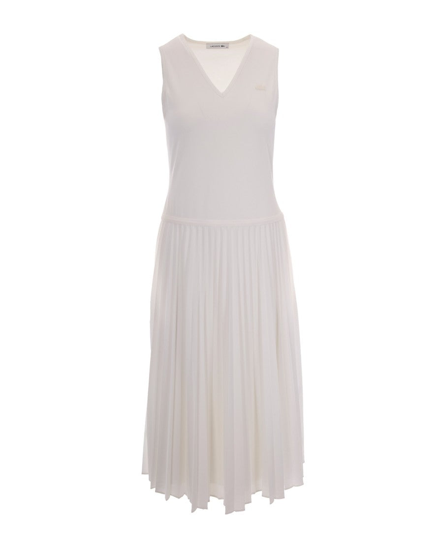 Lacoste Deep V-Neck Midi Dress With Pleated Skirt And Iconic Detailing