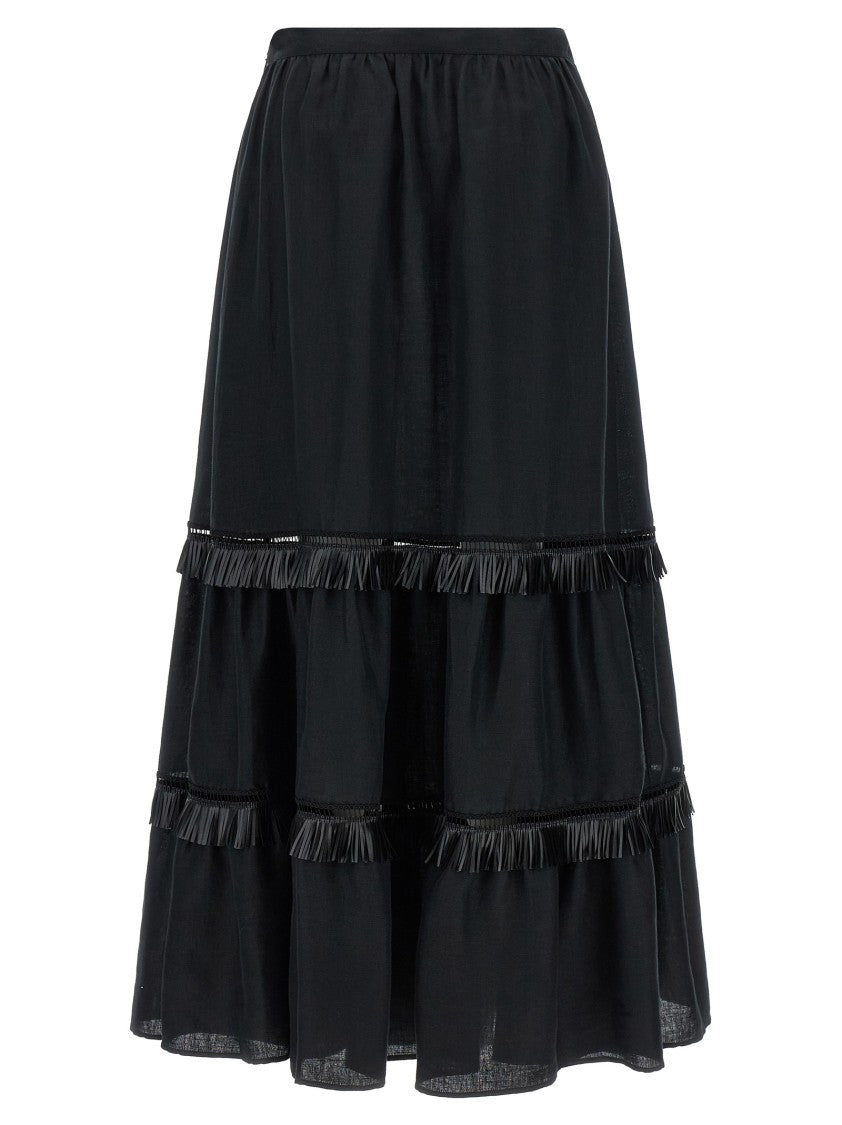 Kiton Fringed Maxi Skirt With Tiered Design And Belted Waist