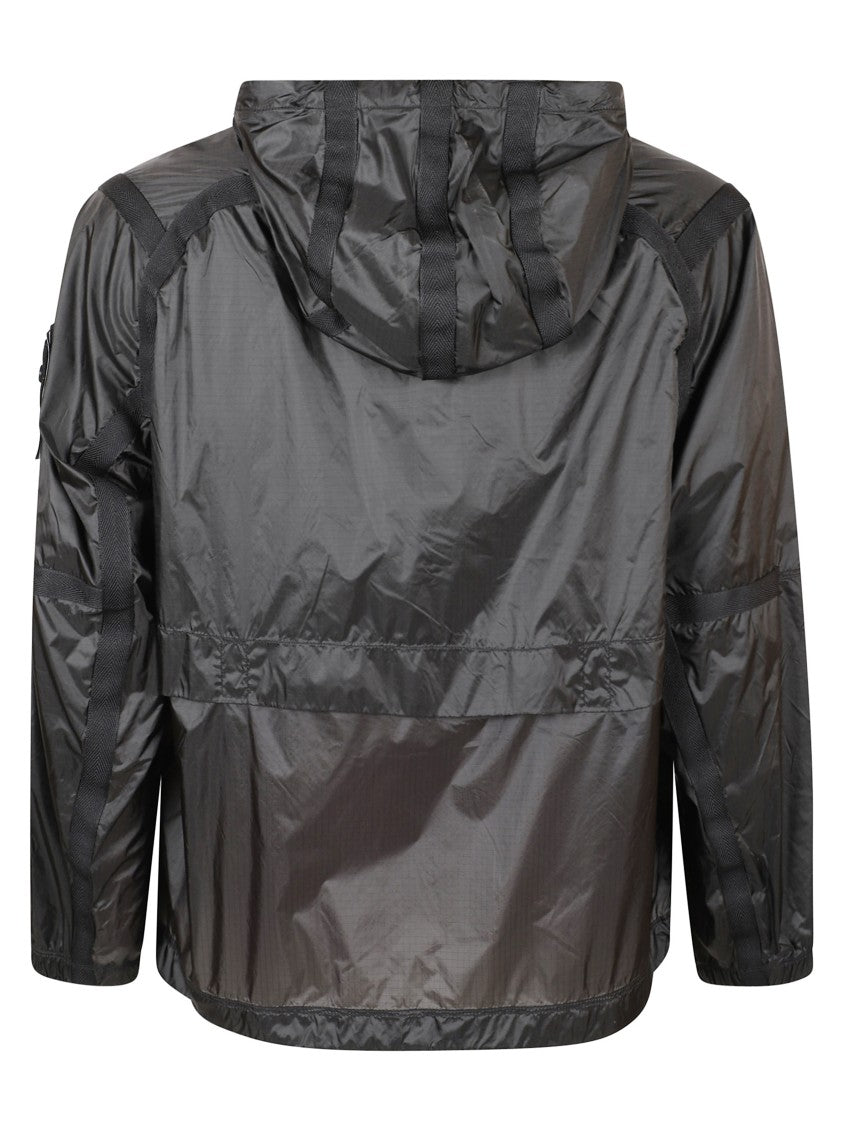 Stone Island Lightweight Grey Hooded Coat With Contrasting Black Accents