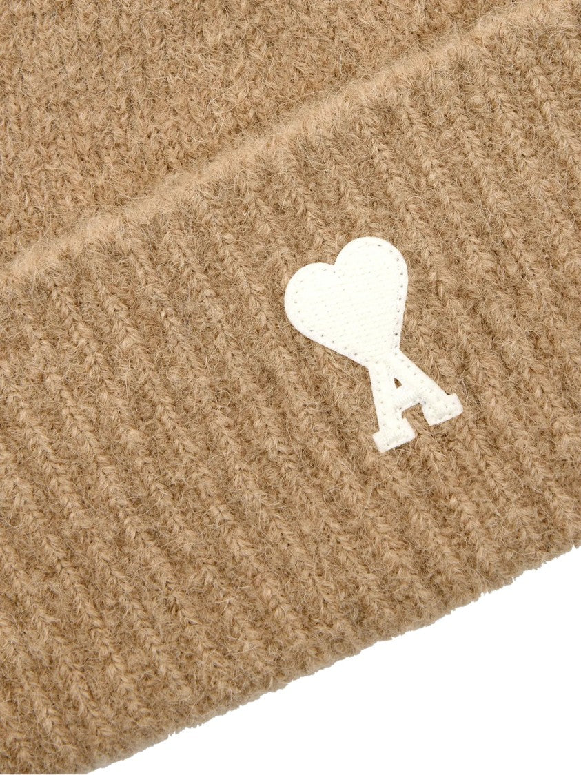 Ami Paris Beige Ami De Coeur Wool Beanie Hat