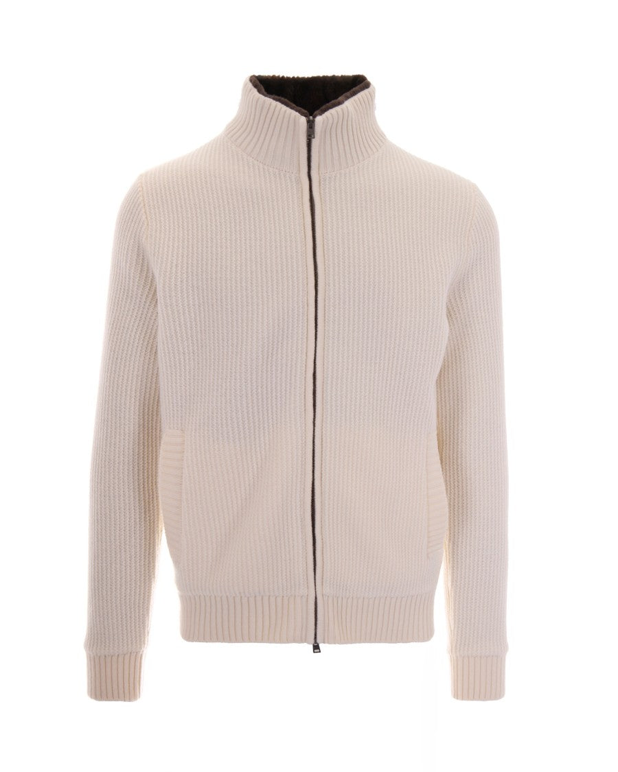 Herno White Full Zip Rib-Knit Wool Sweater