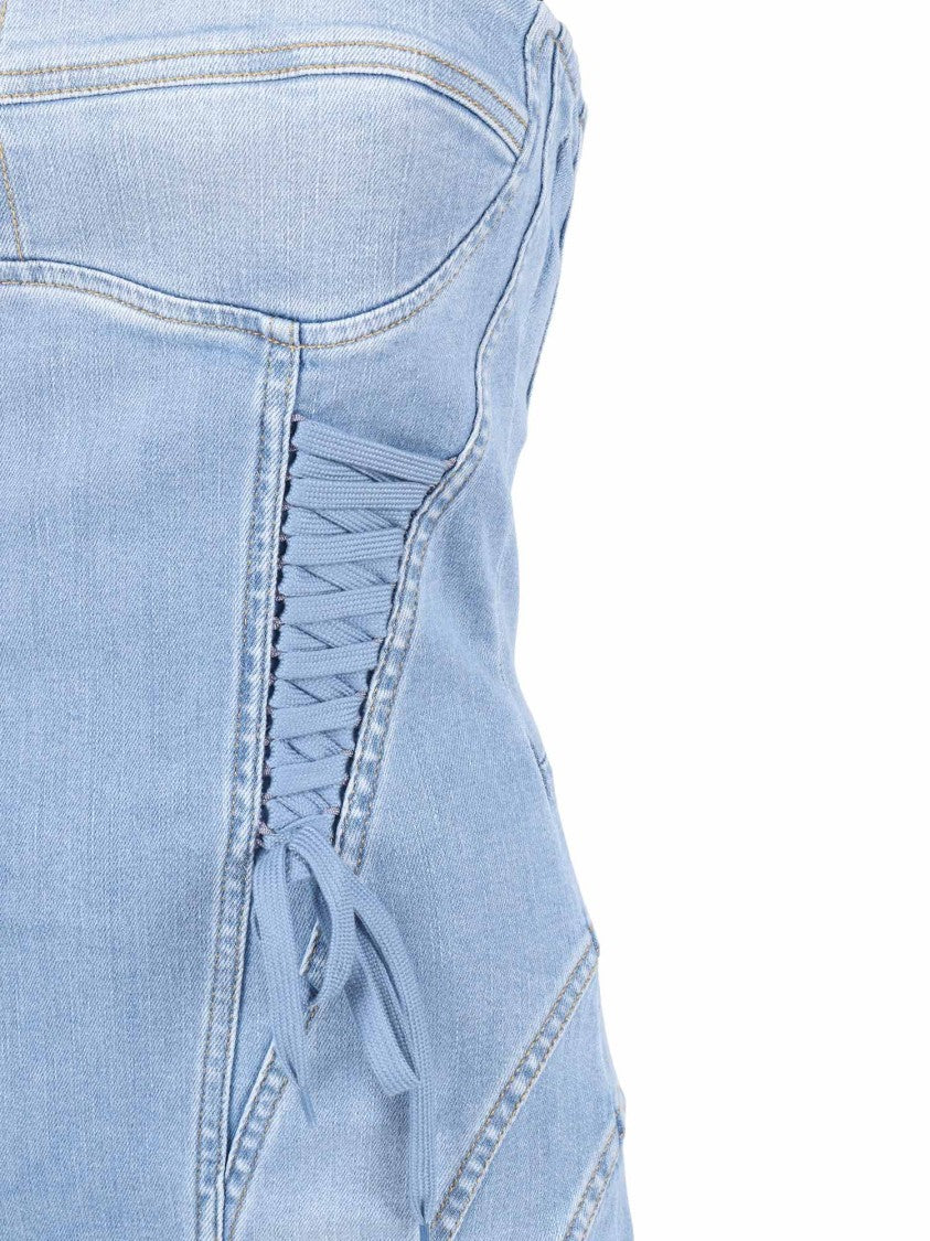 Elisabetta Franchi Strapless Lace Up Denim Mini Dress