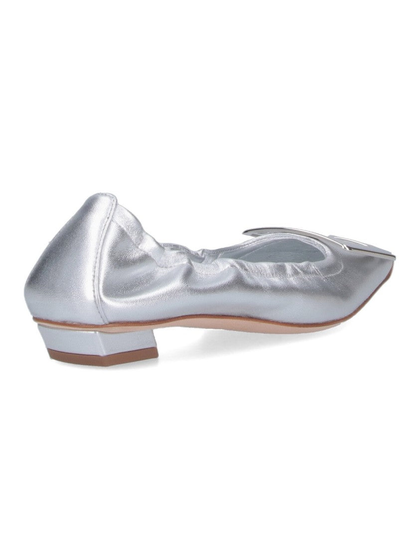Roger Vivier Metallic Silver Leather Ballerina Flats With Draped Detailing