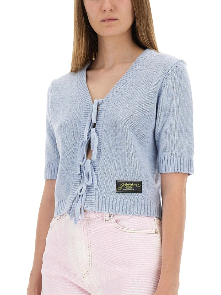 Ganni Cropped Cardigan With Playful Bow Accents