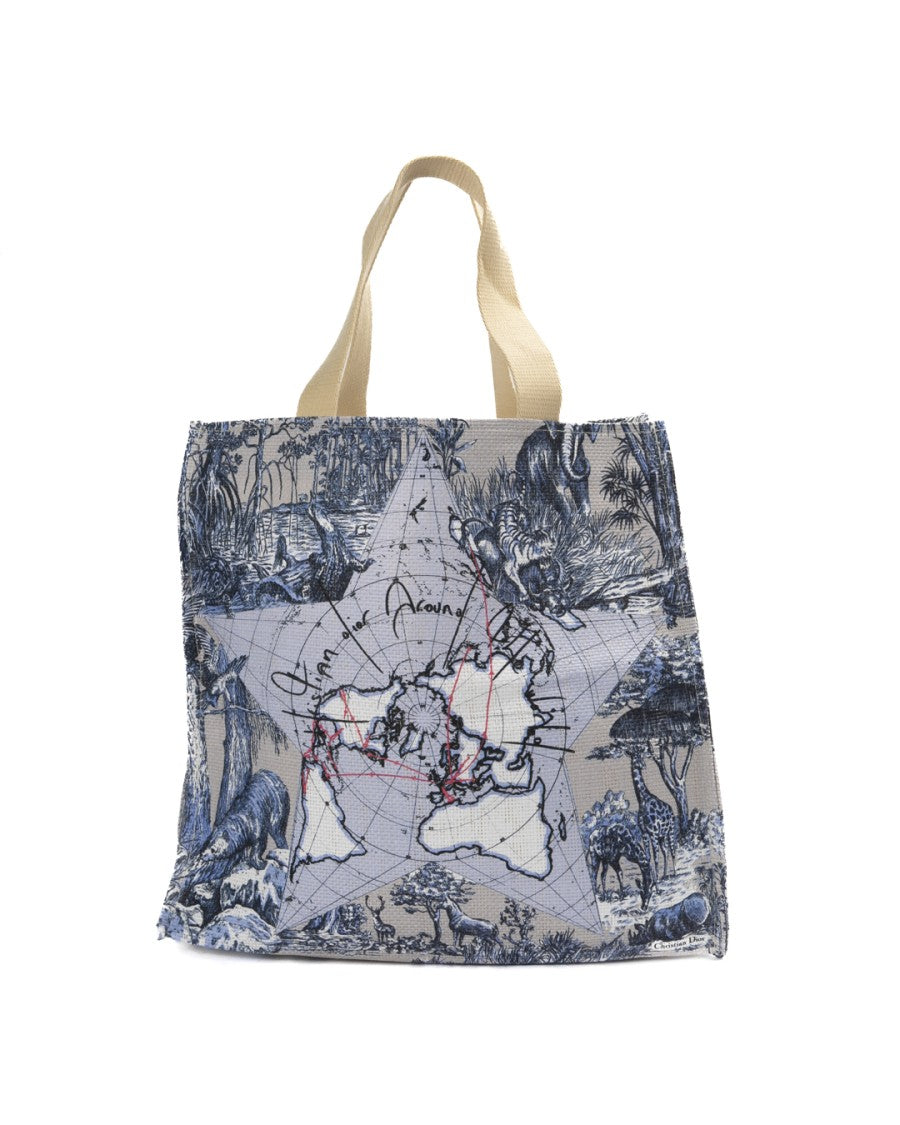 Dior Blue World Map Pattern Raffia Tote Bag