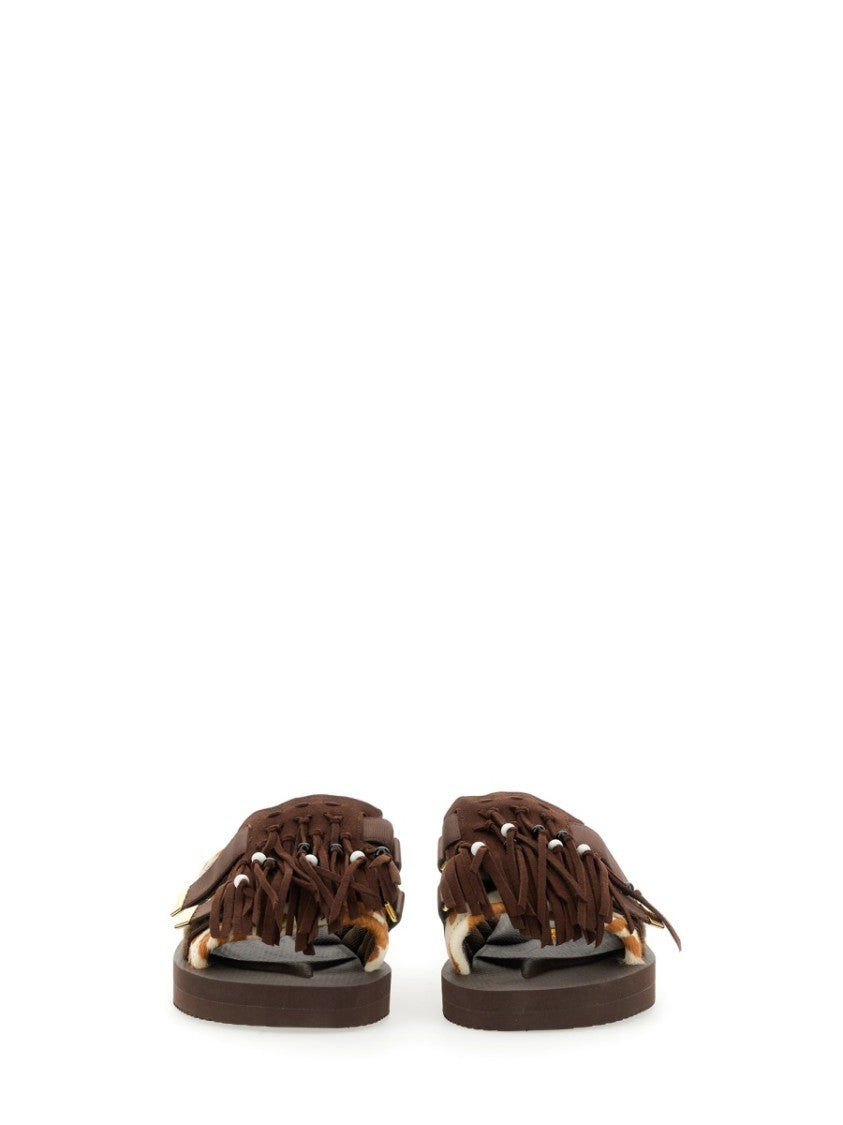 Suicoke Fringed Design Brown Leather Slippers