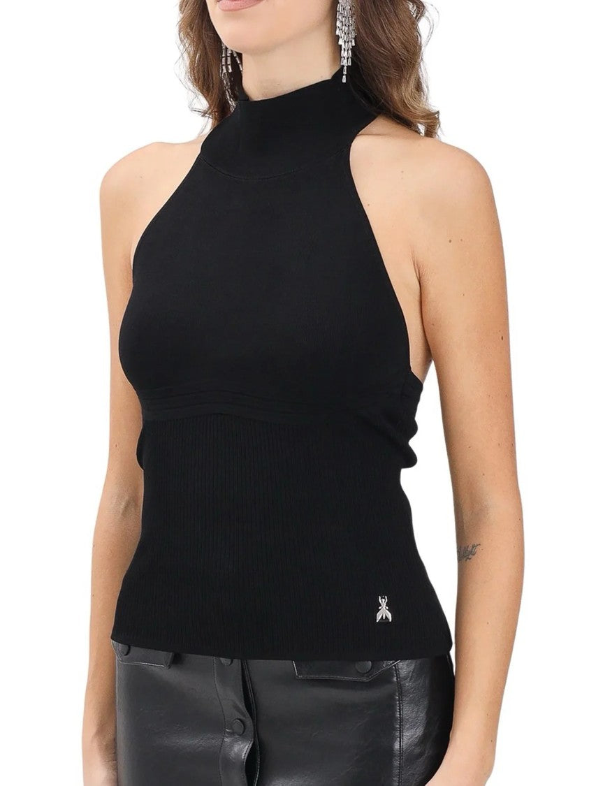 Patrizia Pepe High Neck Black Knit Top With Unique Buckle Detail
