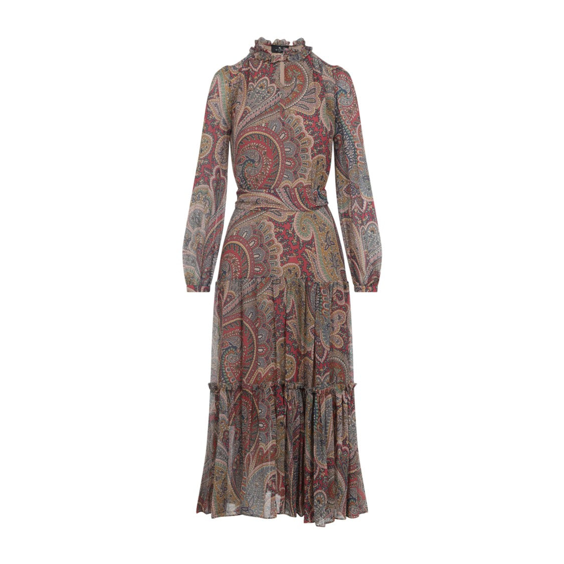 Etro High Neck Ruffle Maxi Dress With Paisley Print