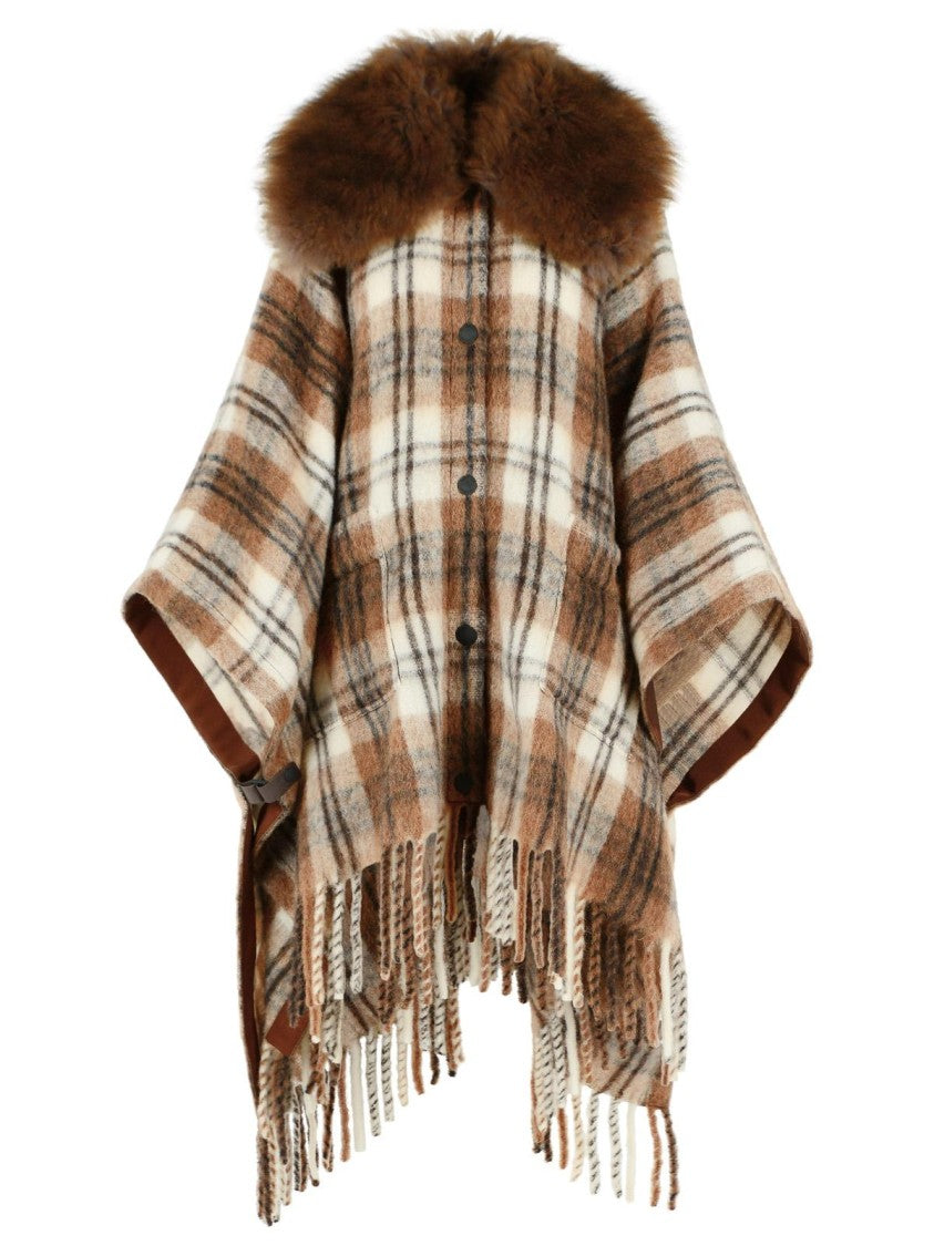 Moncler Grenoble Brown Wool-Blend Shearling Collar Mohair Alpaca Cape