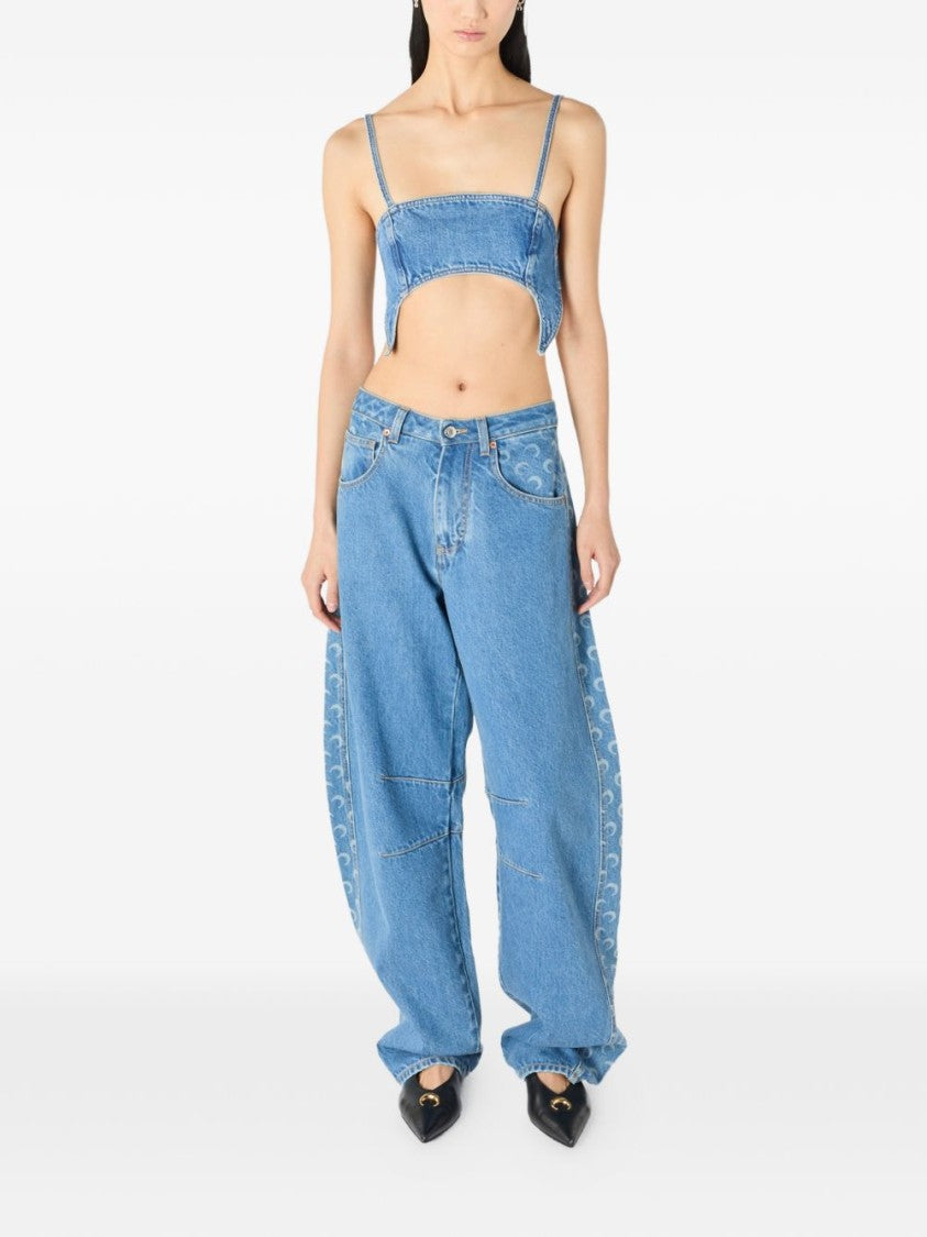 Marine Serre Blue Cropped Denim Cut-Out Top