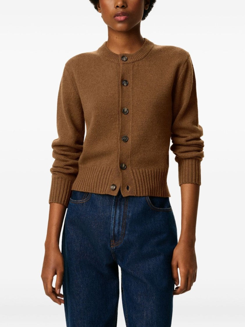 Ami Cropped Brown Wool Cardigan With Crew Neck And Ami De Coeur Embroidery