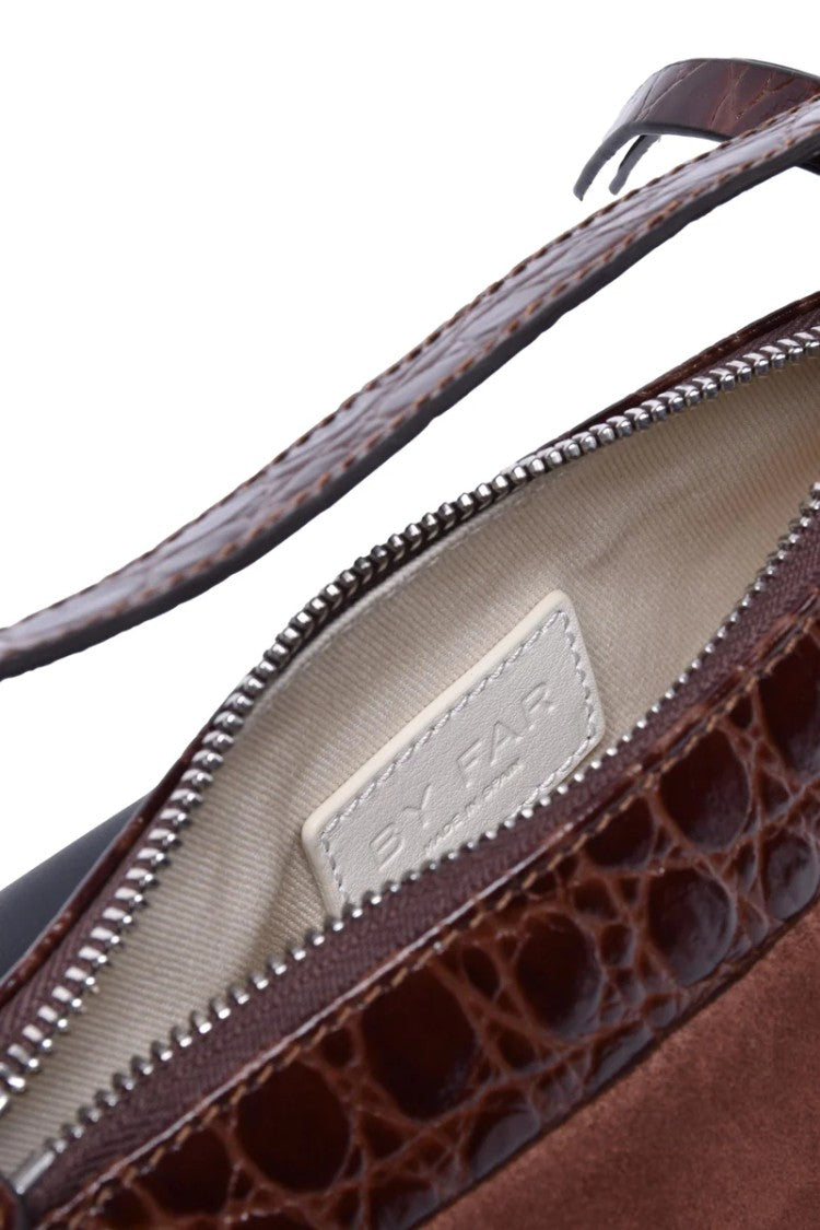 By Far Brown Mini Glossy Croc-Embossed Leather Shoulder Bag