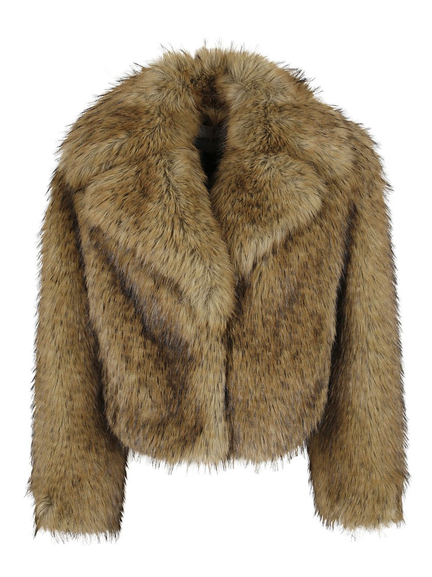 Stand Studio Cropped Faux Fur Coat With Wide Collar And Plush Texture