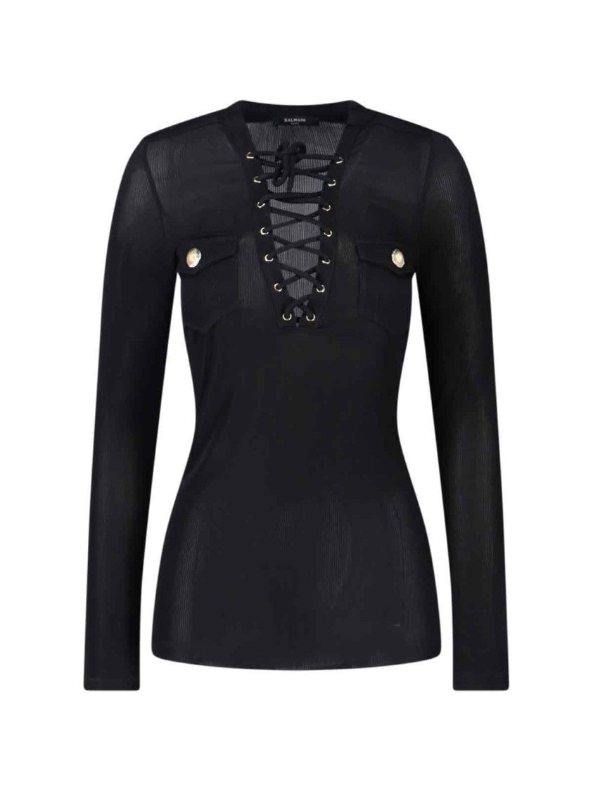 Balmain Fitted Black Sweater With Lace-Up V-Neckline