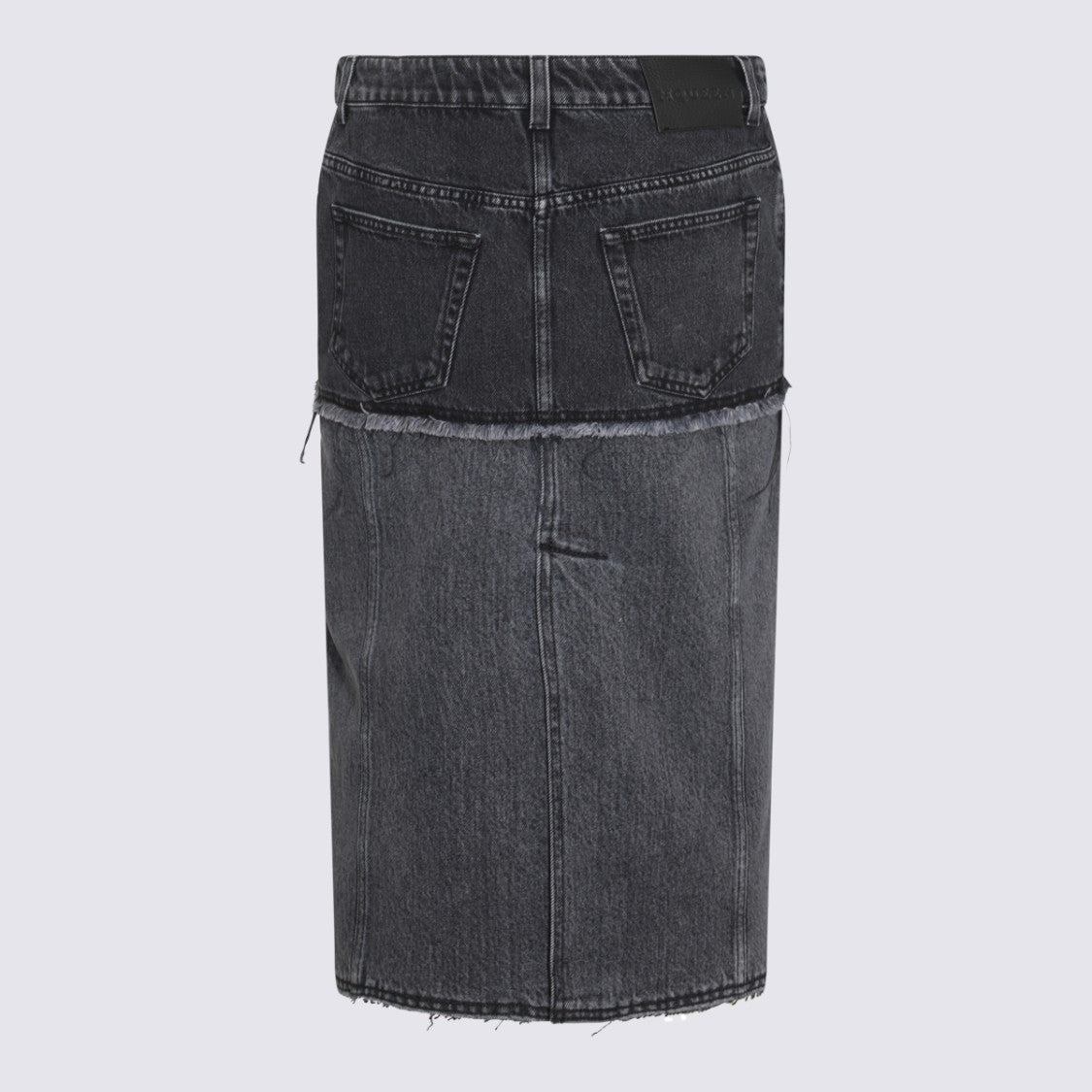 Alexander Mcqueen Two-Tone Denim Midi Skirt With Frayed Hem
