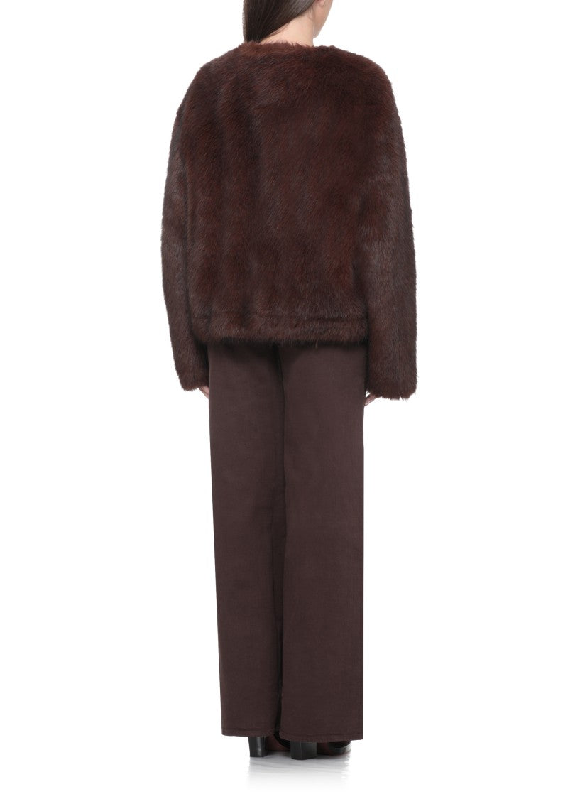 Stand Studio Cropped Brown Faux Fur Jacket With Round Neck