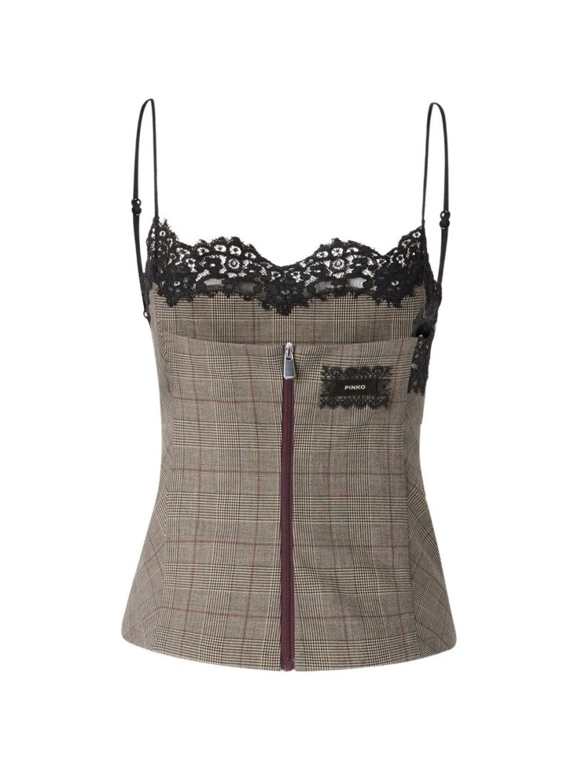 Pinko Checkered Lace-Trim Fitted Top