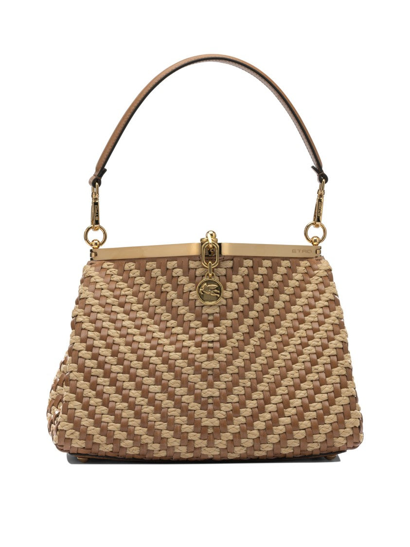 Etro Trapezoidal Woven Raffia And Leather Shoulder Bag