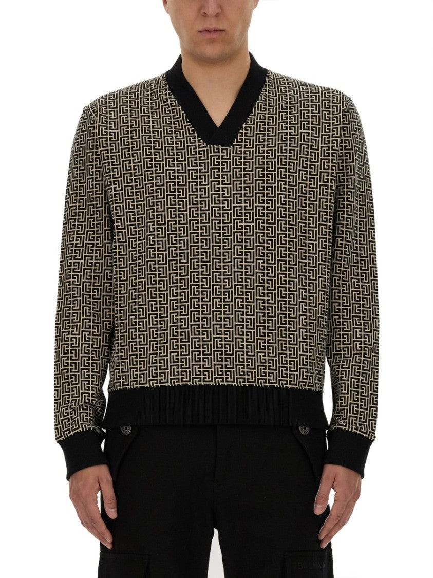 Balmain Geometric Monogram Jersey With Deep V-Neckline