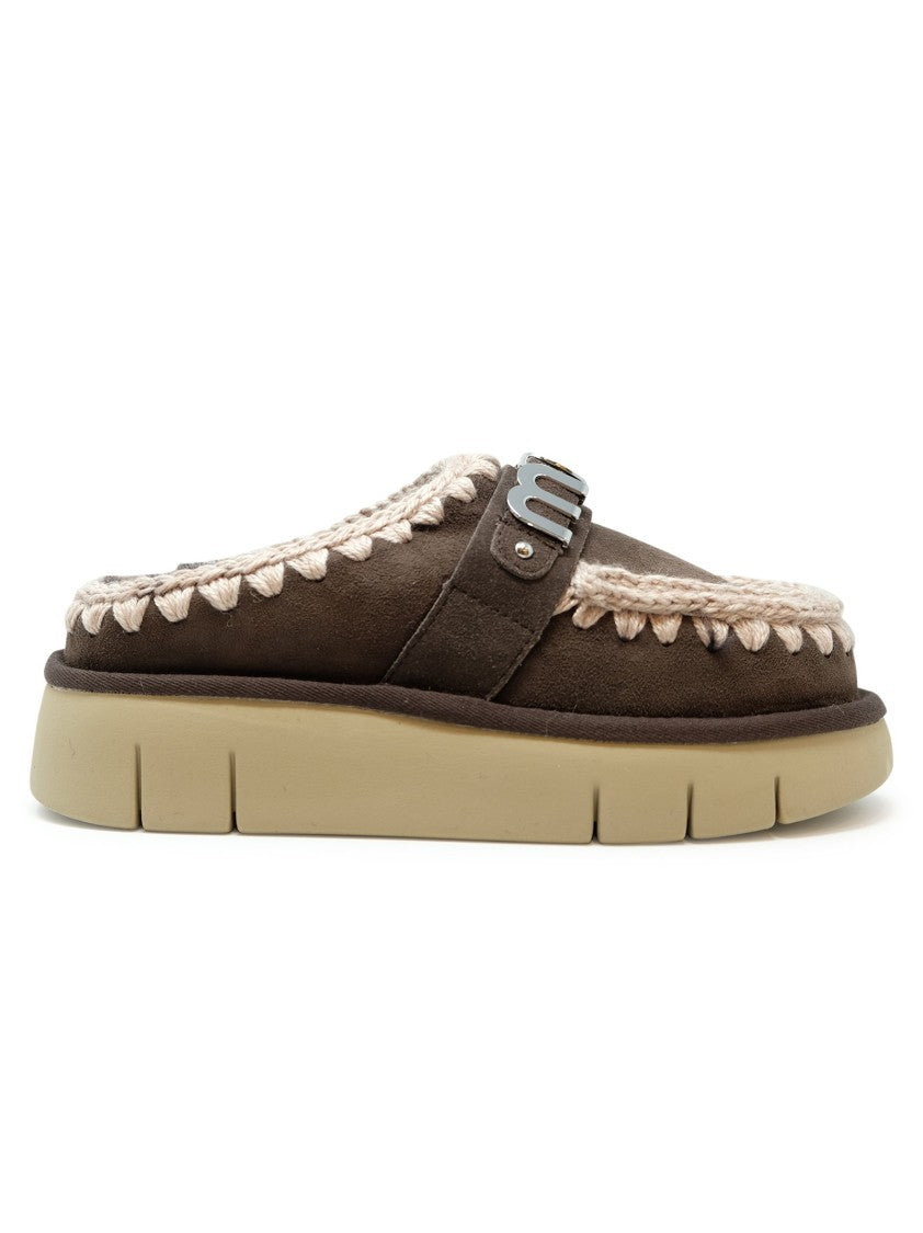 Mou Mocha Bounce Metal Logo Leather Wool Rubber Clog