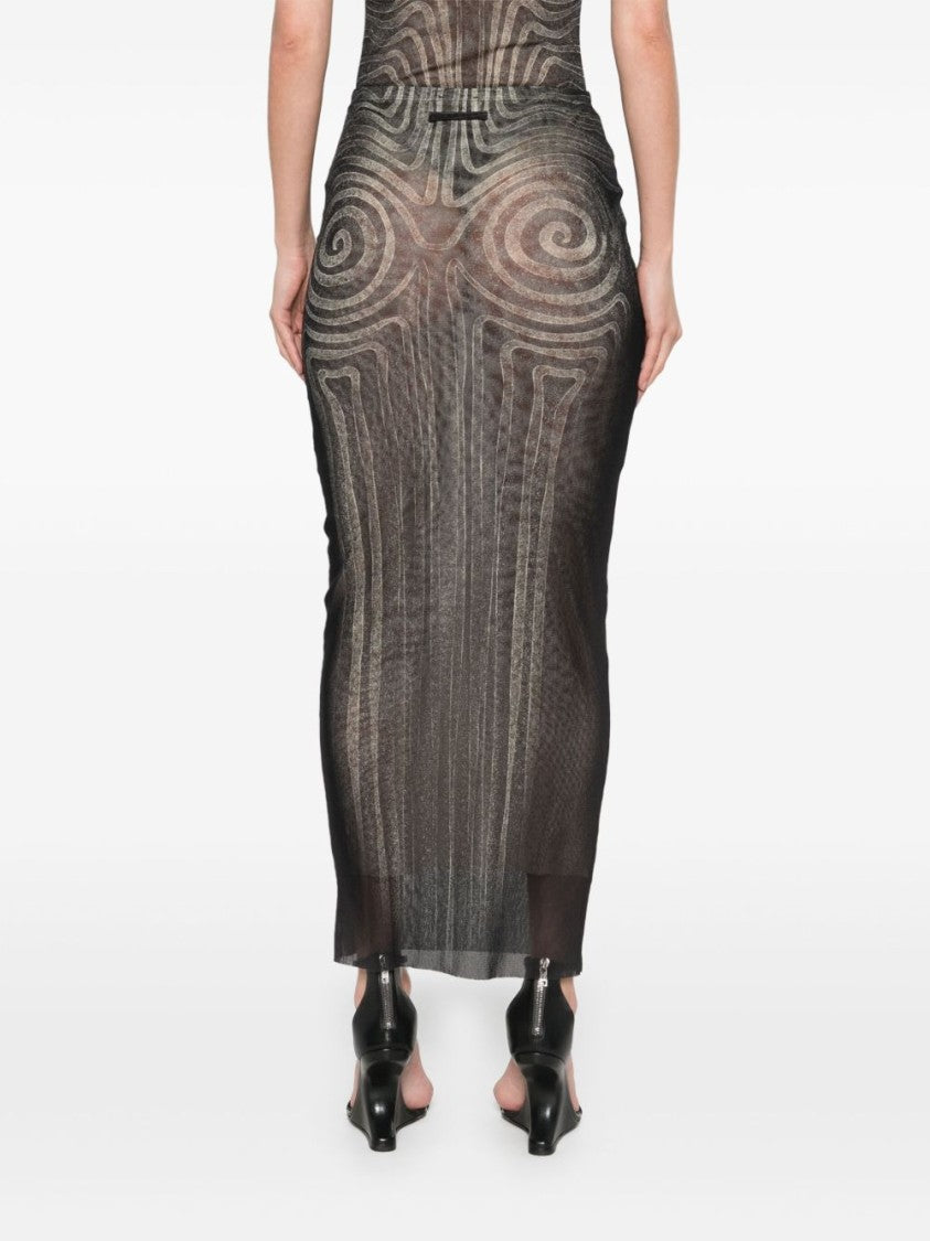 Jean Paul Gaultier Spiral Printed Mesh Long Skirt