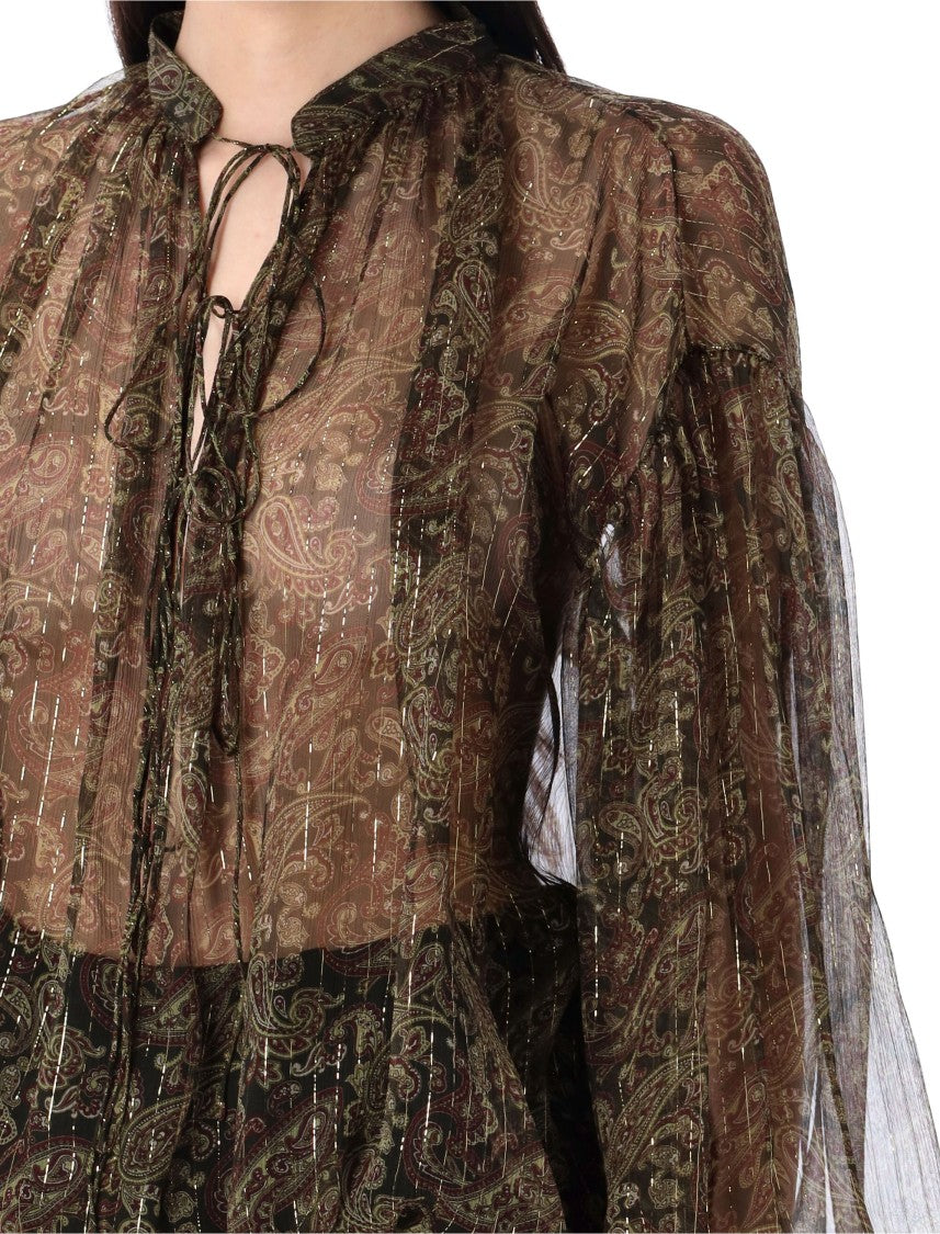 Saint Laurent Semi-Sheer Cashmere Print Blouse With Band Collar