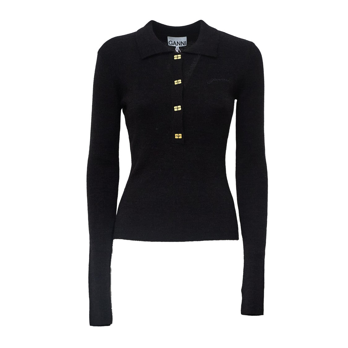 Ganni Ribbed Merino Wool Polo Top With Butterfly Buttons