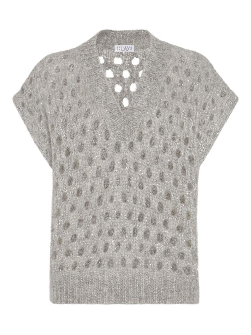 Brunello Cucinelli Open-Knit Short Sleeve Sweater With V-Neckline