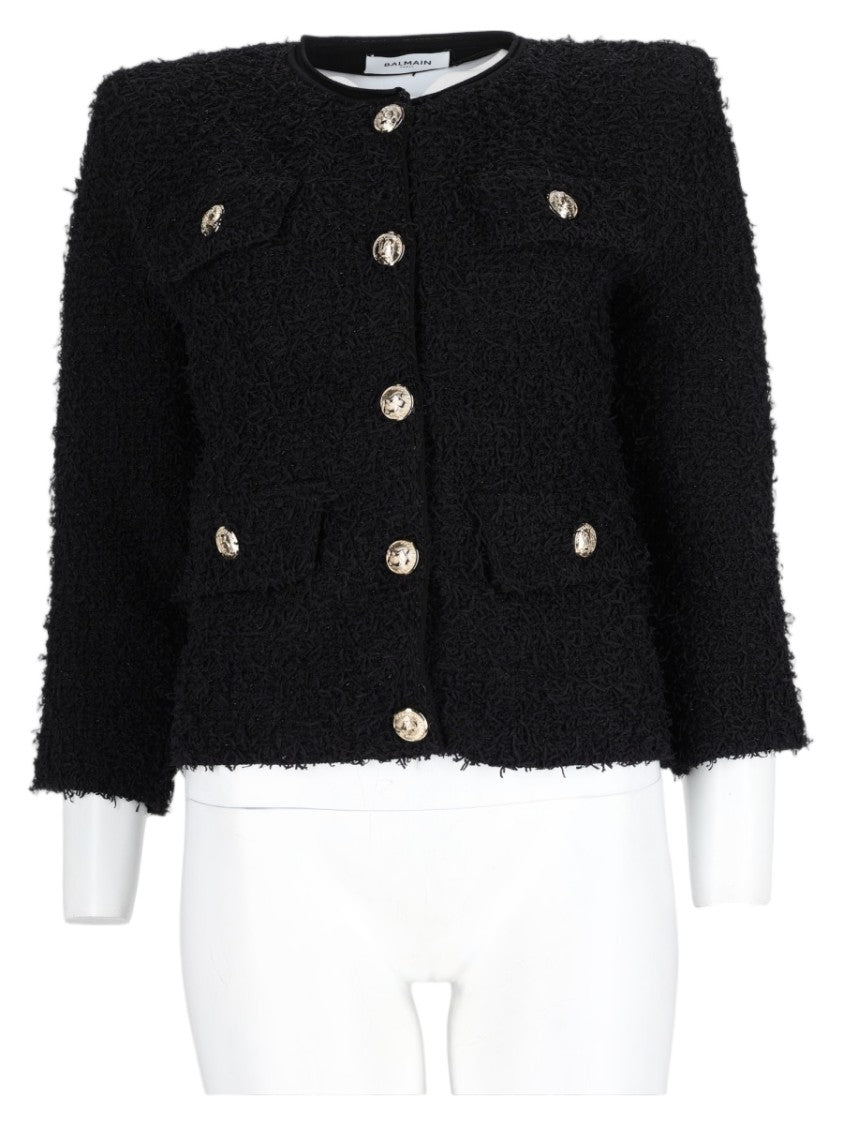 Balmain Black Cropped Textured Gold-Accent Jacket