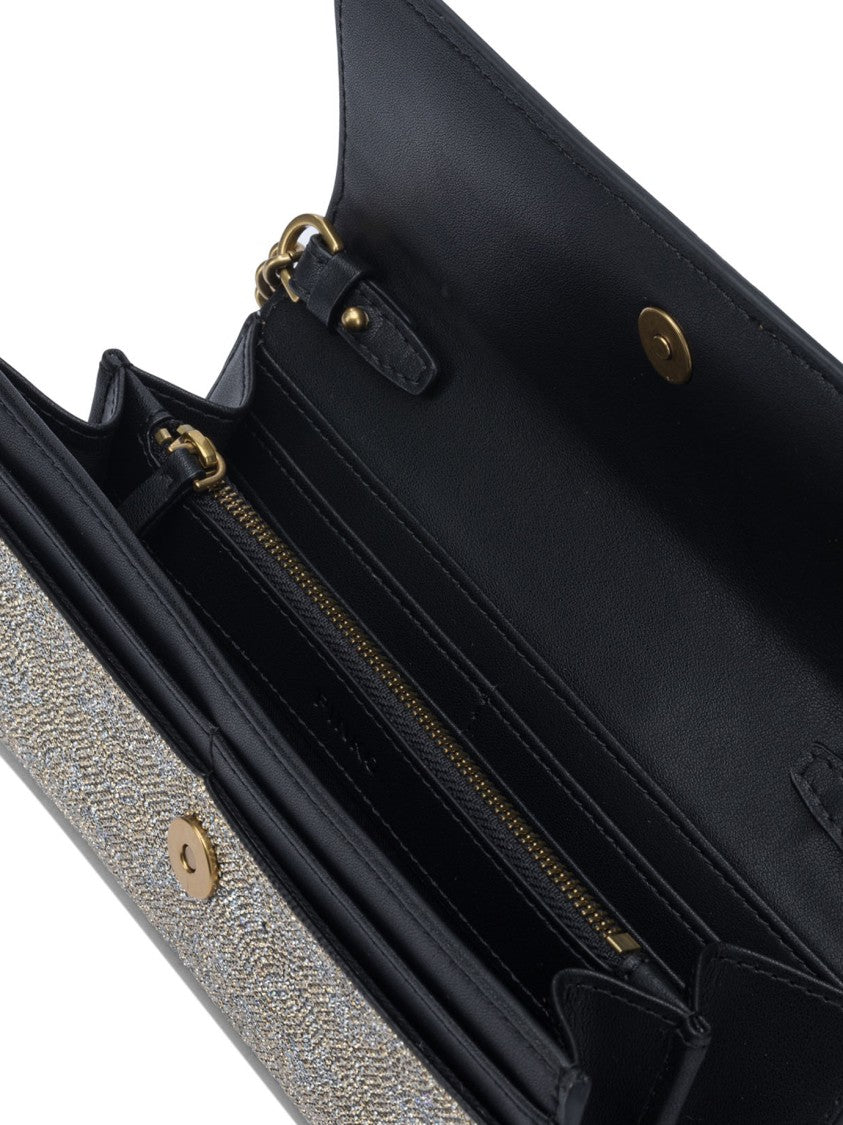 Pinko Textured Silver Leather Clutch With Flap Closure
