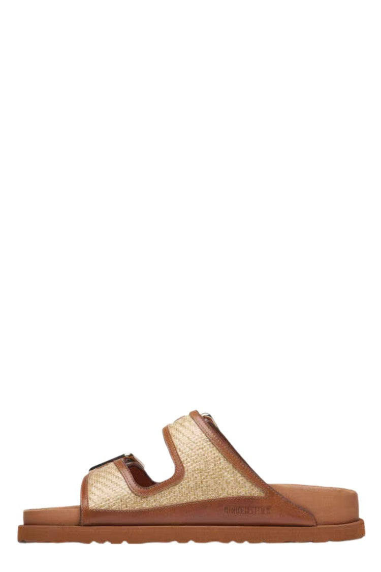 Birkenstock Ginger Brown Arizona Raffia Nappa Leather Dual-Strap Sandals