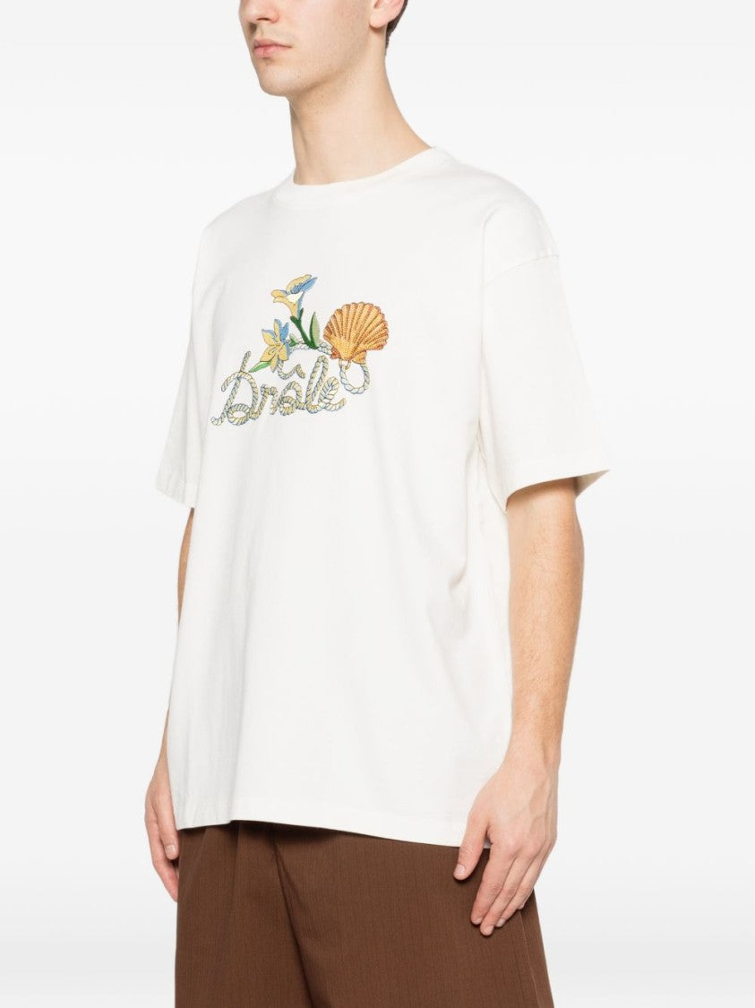 Drôle De Monsieur Floral Print Crew Neck T-Shirt With Seashell Detail