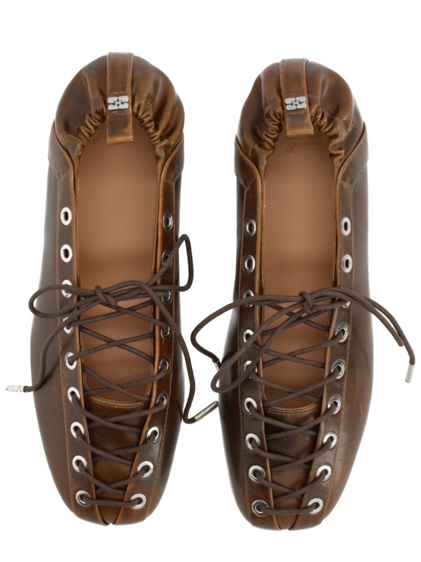 Ganni Ballet-Inspired Flats With Lace-Up Detailing And Snug Fit