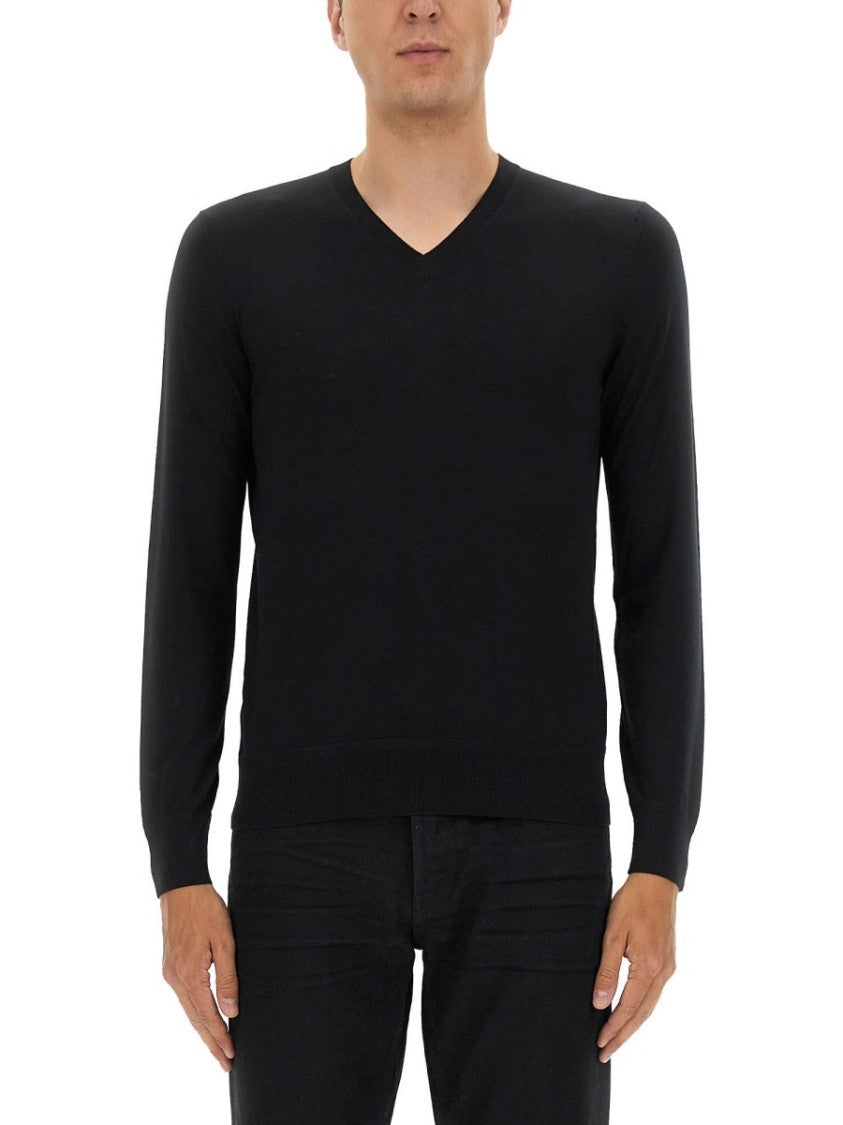 Tom Ford V-Neck Black Wool Jersey With Long Sleeves