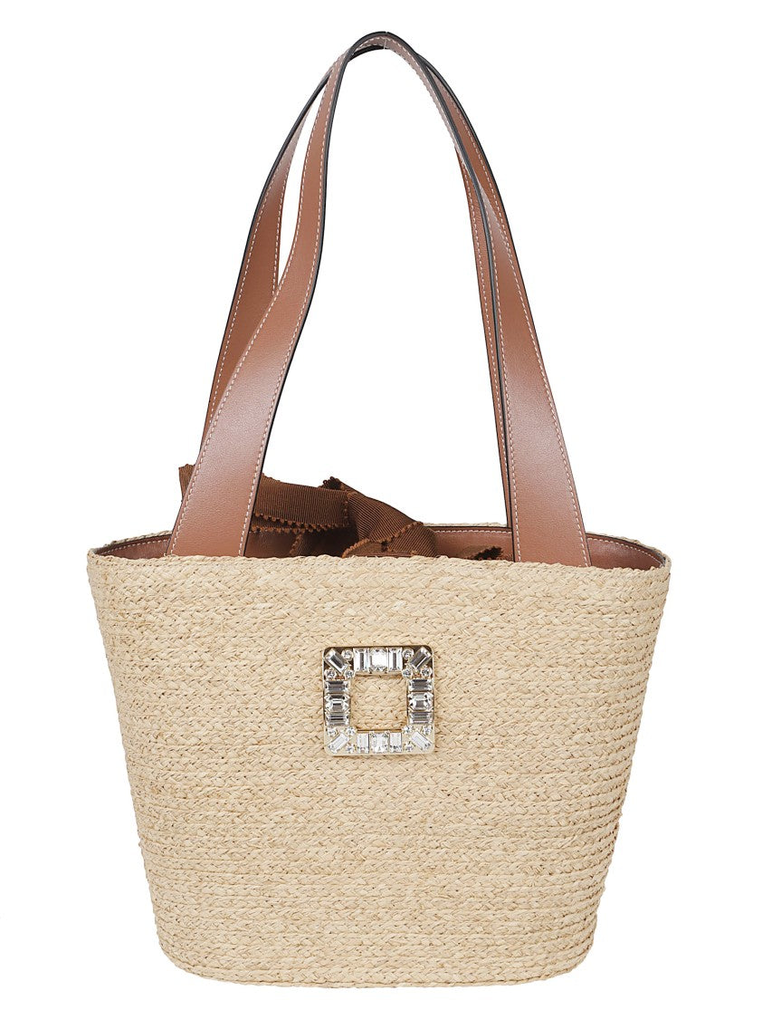 Roger Vivier Medium Woven Raffia Tote With Calfskin Handles