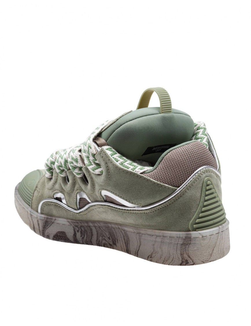 Lanvin Green Leather And Mesh Curb Sneakers
