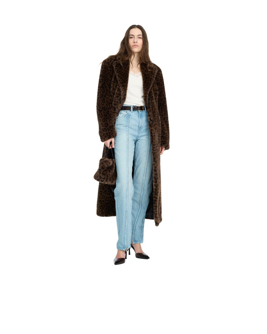 Rotate Leopard Print Synthetic Fur Long Coat With Plush Texture