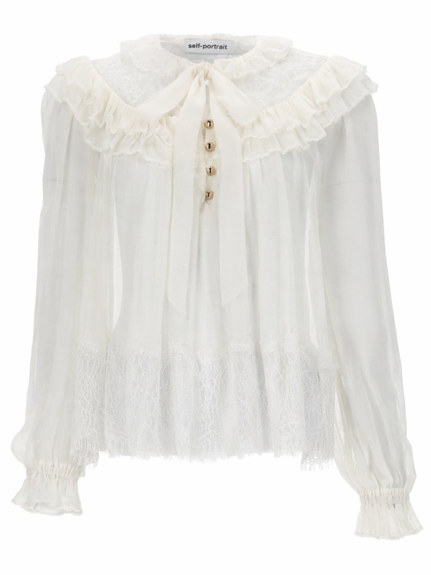 Self-Portrait Neutrals Georgette Ruffled Collar Bow Tie Blouse