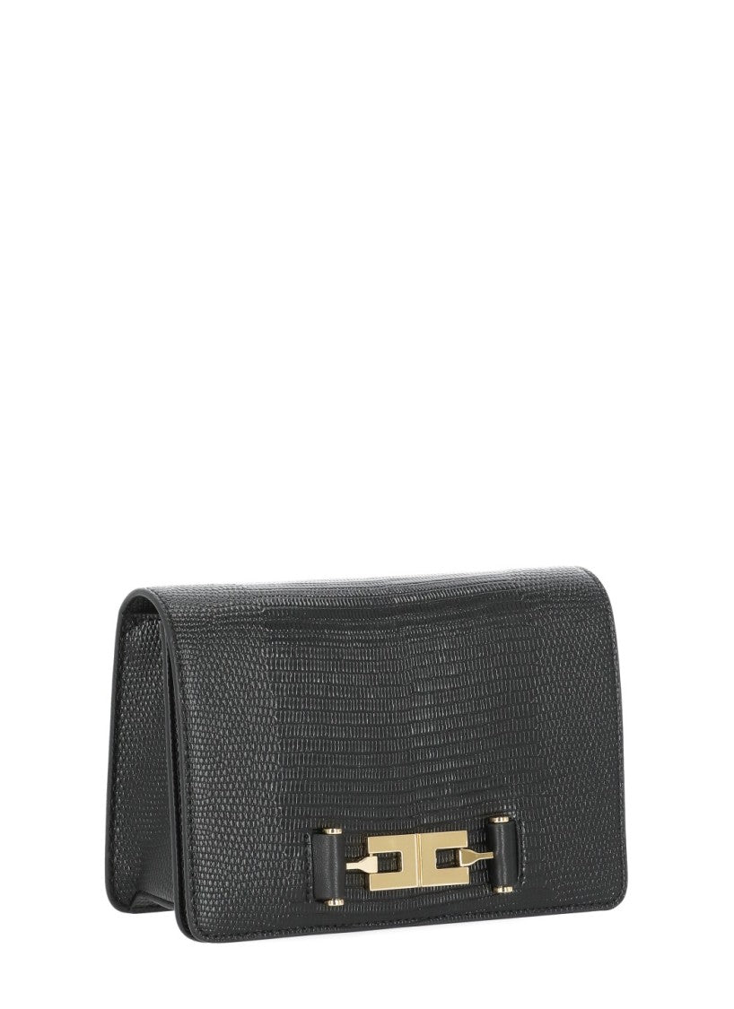 Elisabetta Franchi Black Shoulder Bag With Lizard Effect And Gold Chain Strap