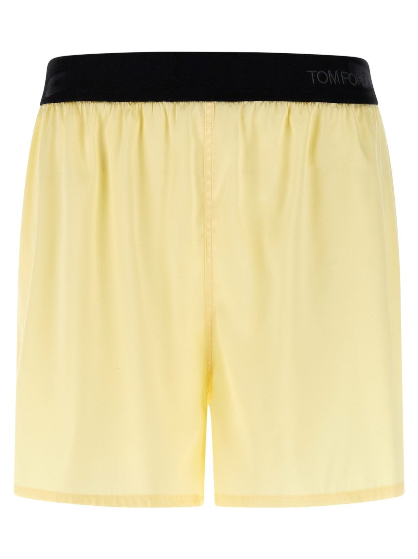 Tom Ford Pajama-Style Silk Shorts With Velvet Logo And Side Slits