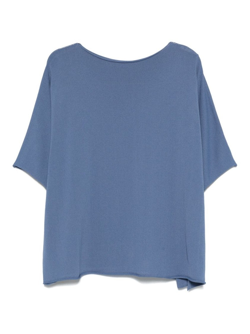 Le Tricot Perugia Relaxed-Fit Blue T-Shirt With Wide Neckline